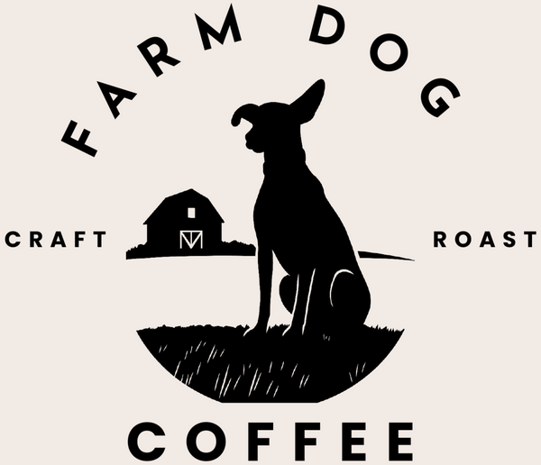 Logo of Farm Dog Coffee with a silhouette of a dog and a barn on a beige background